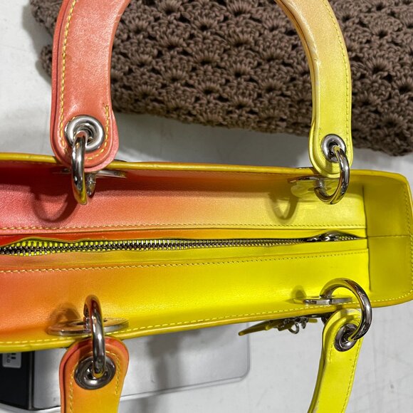 2014 CHRISTIAN DIOR BOX CALFSKIN GRADIENT MEDIUM LADY DIOR YELLOW ORANGE W/STRAP - Picture 7 of 15